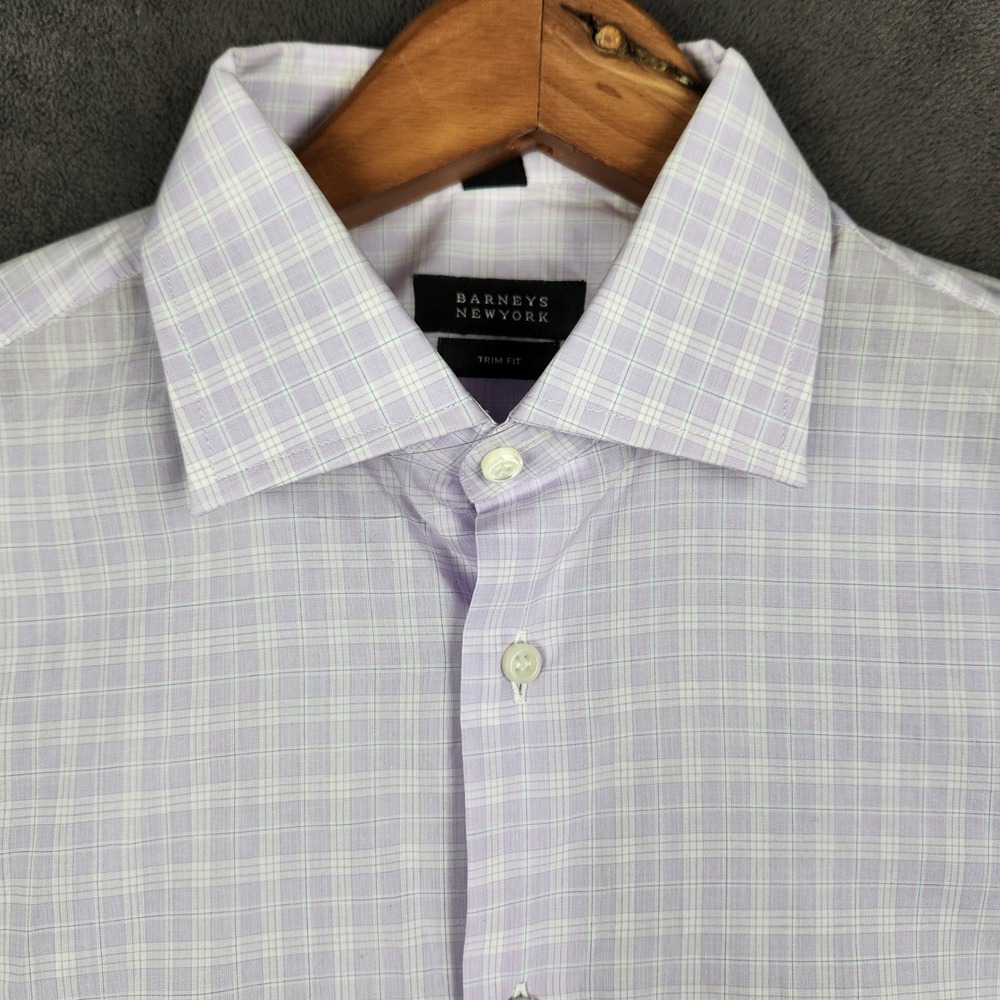 Barneys New York Dress Shirt Mens 14.5 R Purple Plaid Trim Fit Cotton Italy NEW